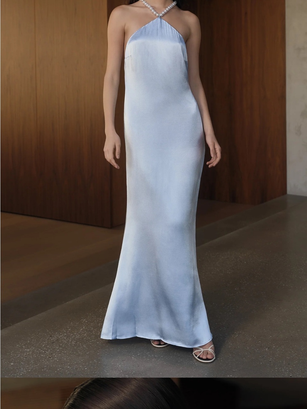 Meshki Pearl-Strap Halter Maxi Dress in Light Blue